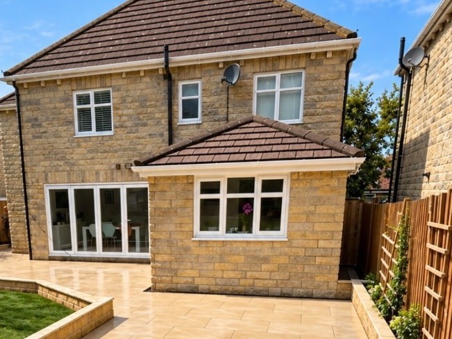 Raised porcelain flagged patio with stepped stone retaining walls and a stone single-storey extension beyond