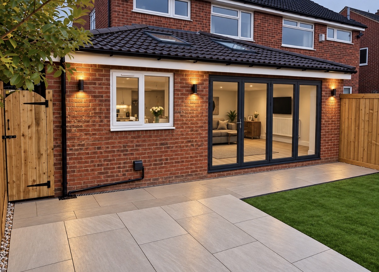 Brick home at dusk with a tiled single-storey rear extension, open grey bifold doors and a lit interior above a pale tiled patio and lawn