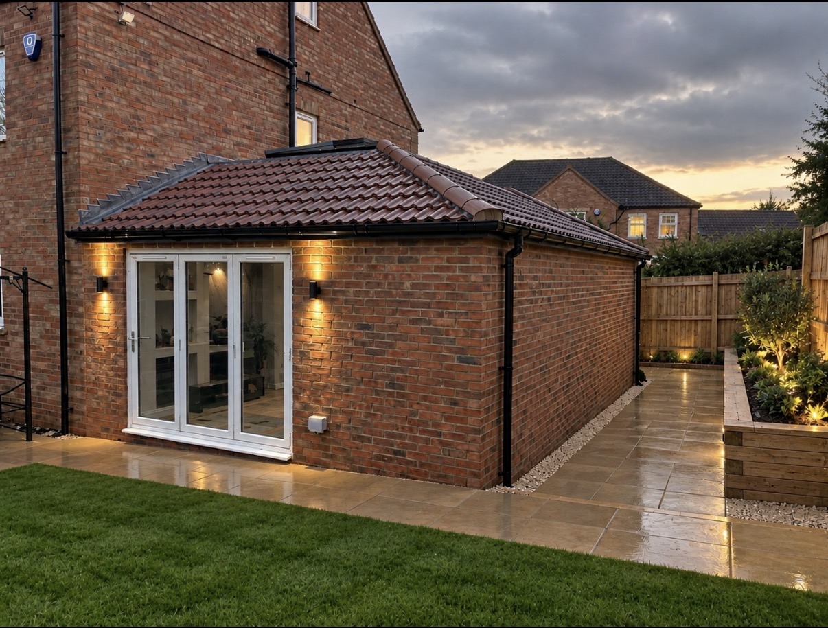 Brick garden room extension at dusk with a tiled hipped roof, roof lantern and white bi-fold doors opening onto a paved patio with lit planting