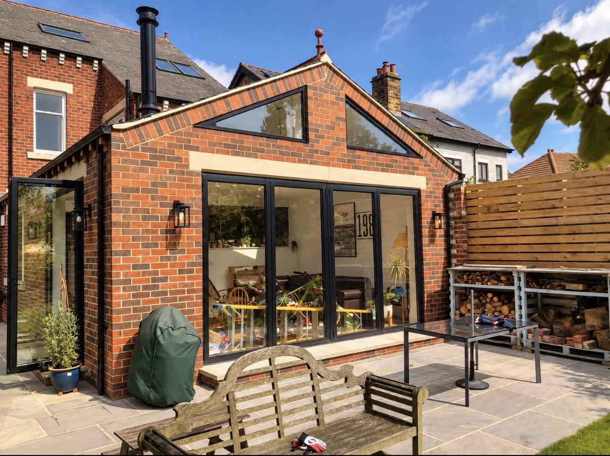 Red-brick rear extension with a pitched slate roof, two triangular gable windows and black-framed bi-fold doors opening onto a paved patio with a garden bench and log store