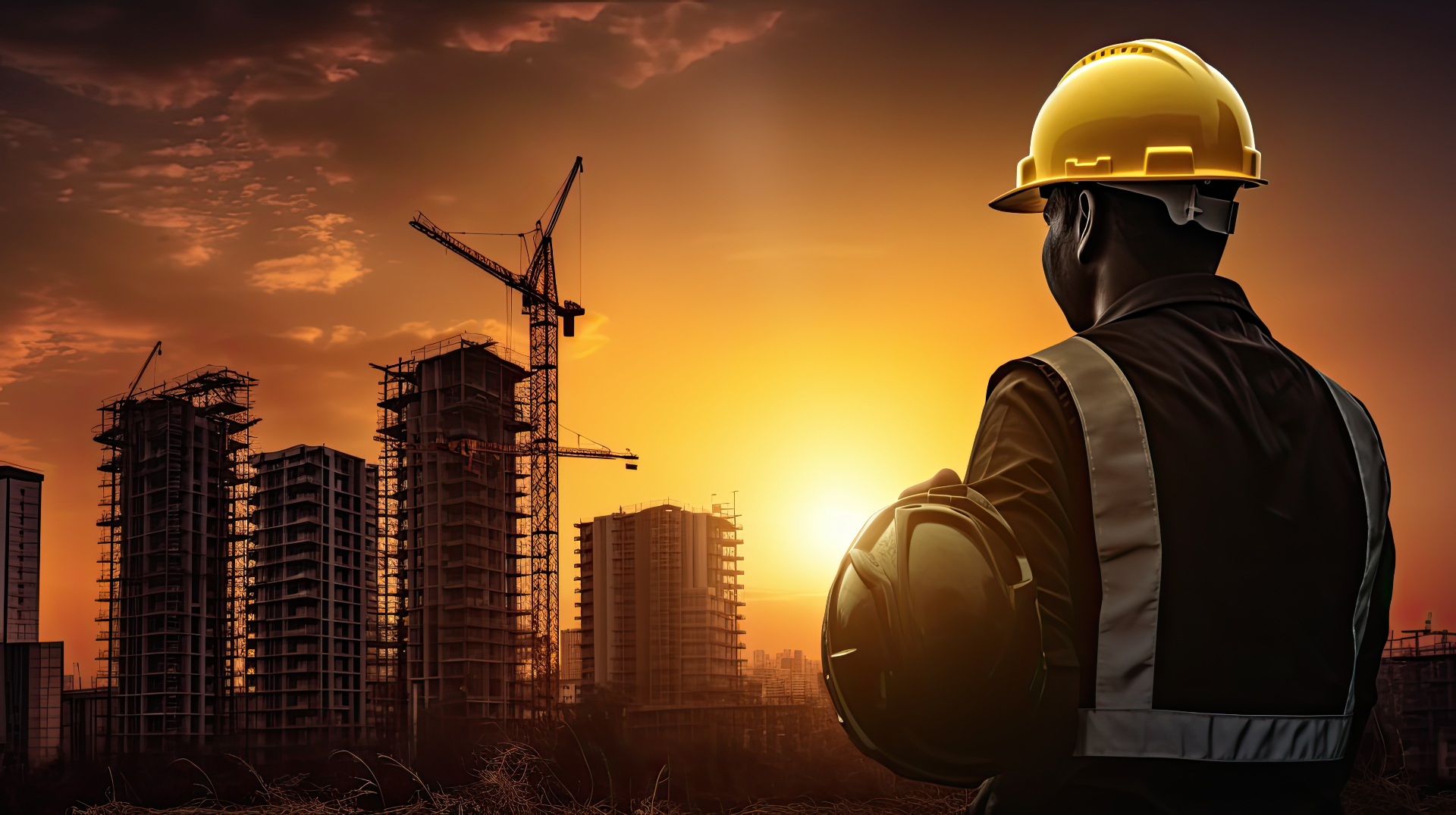 Construction professional reviewing a building site at sunset